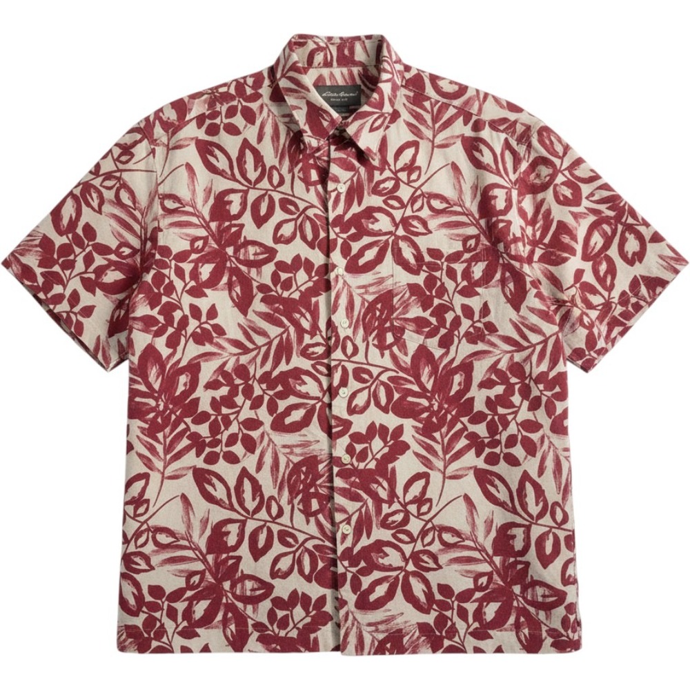 Eddie Bauer 100% Linen Hawaiian Aloha Shirt Men's L Red Floral Coastal EUC